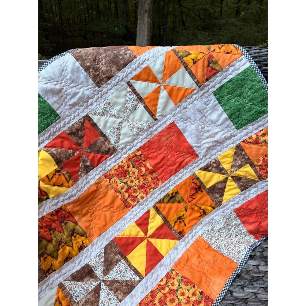 Handmade Patchwork Cotton Quilt Fall Colors Pinwheel Throw 35x39 Autumn Accent